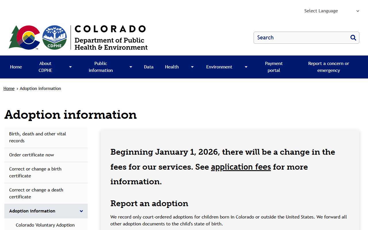 Colorado adoption information page for accessing original birth certificates