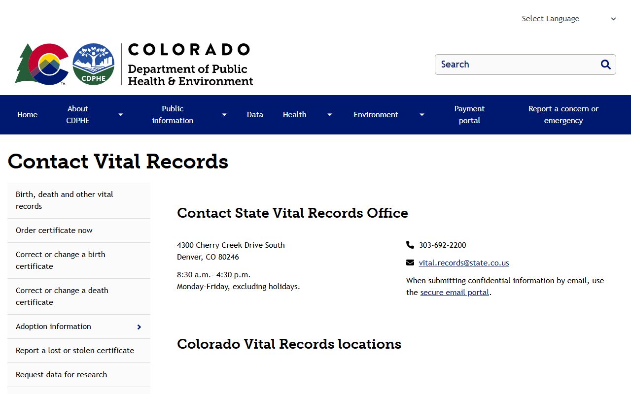 Colorado vital records contact information page showing how Parker residents can reach vital records offices