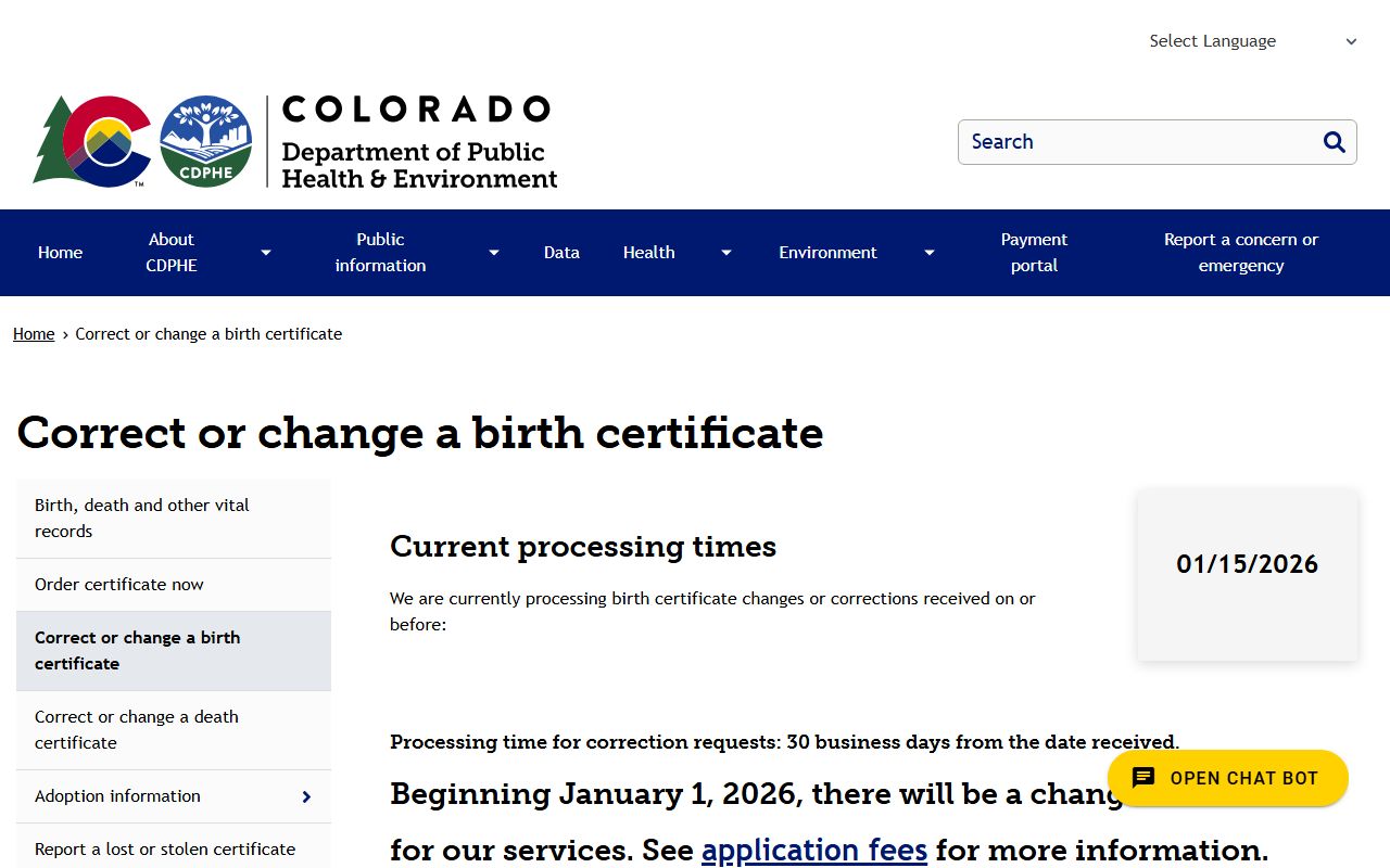 Colorado birth certificate corrections and changes page