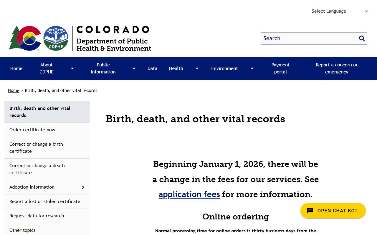 Colorado Department of Public Health and Environment Vital Records main page for birth certificates