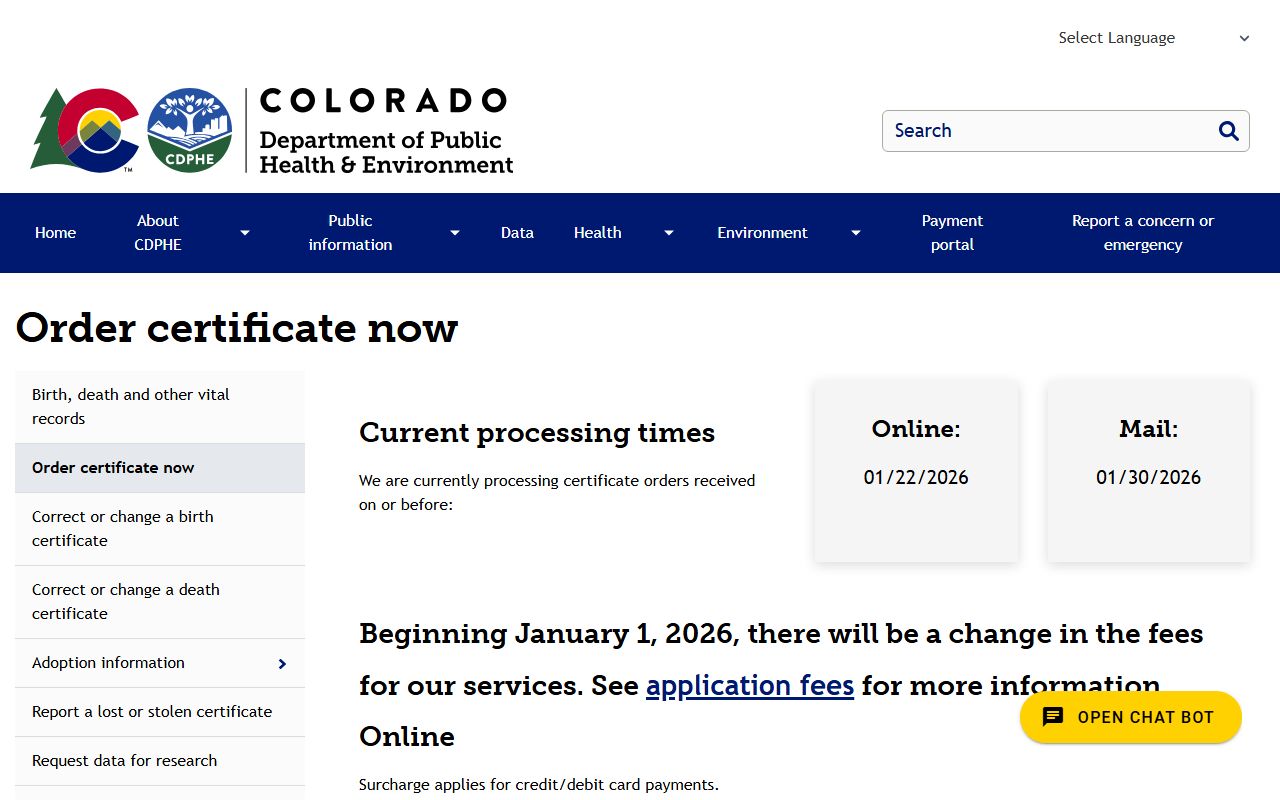 Colorado birth certificate ordering page showing current processing times