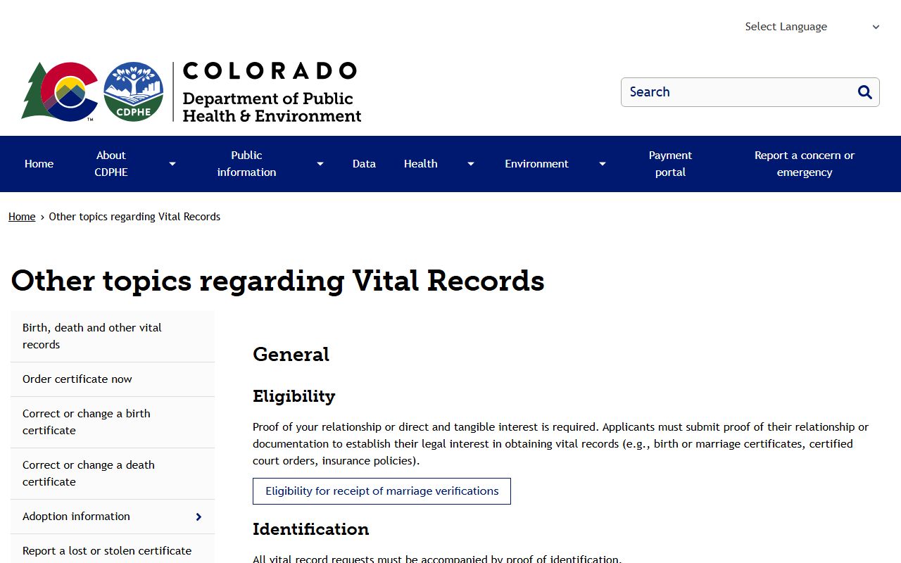 Colorado vital records special situations page for Pitkin County residents