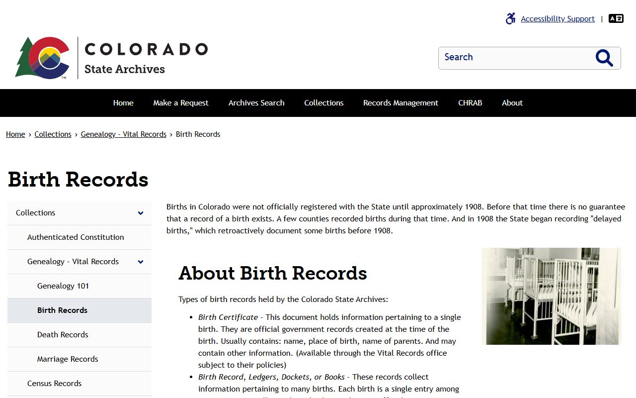 Colorado State Archives historical birth records genealogy page